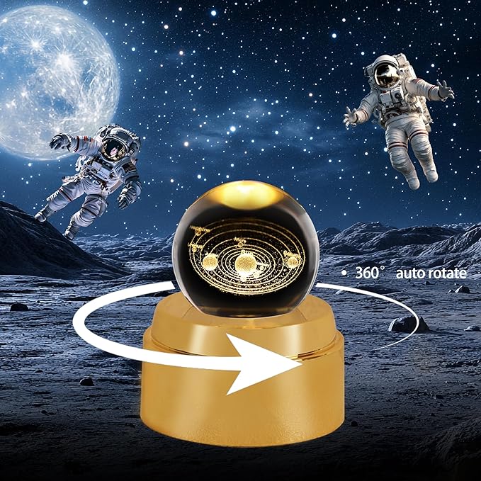 ZHSHWAT Solar System Crystal Ball Night Light with Rotating Glowing Base - 3D Laser Engraved Glass Ball, USB Powered Celestial Decor, Space Gifts & Science Gifts for Kids Adults Home Office Desk