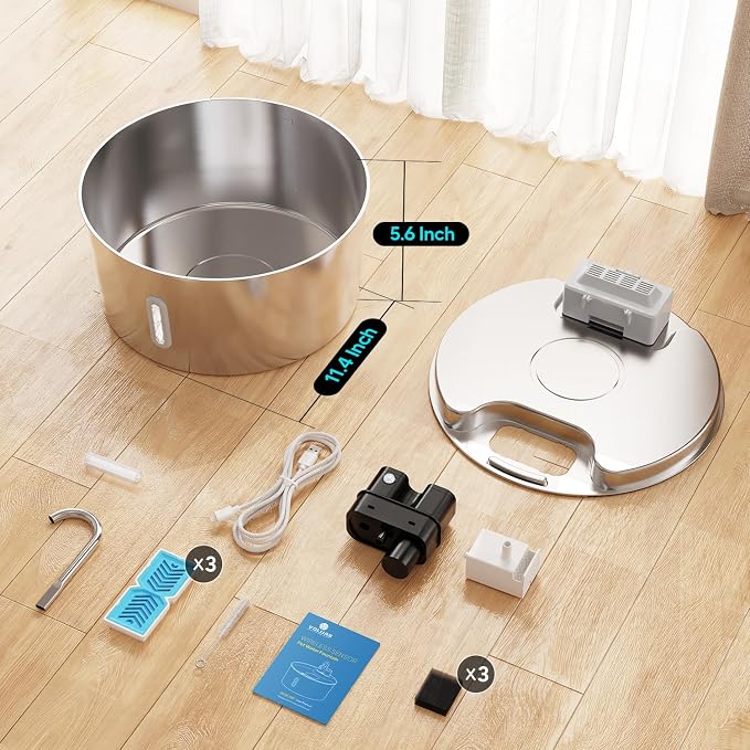 Voluas 7L Wireless Dog Water Fountain with 3 Filters, Stainless Steel | cordless Design, 236oz capacity, 4-layer filtration, ultra-quiet pump, water level window, easy clean for large dogs