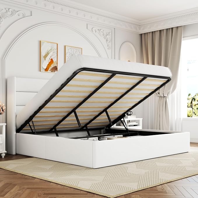 Allewie King Size Lift Up Hydraulic Storage Bed Frame White | Modern Wingback Headboard, Hydraulic Support Storage, No Box Spring Needed