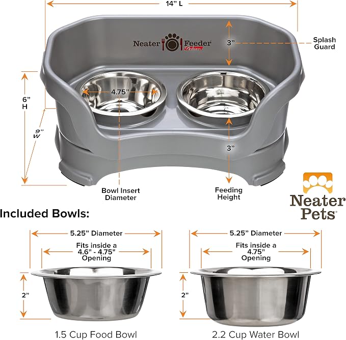 Neater Pet Brands Neater Feeder Deluxe Mess Proof Dog Bowls Elevated for Small Dogs Under 19 lbs, Made in USA, No Spill Raised Dog Food Bowl Stand Feeding Station, Food and Water Bowl Set, Gunmetal