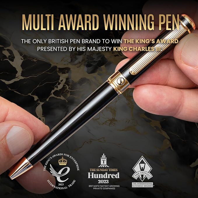 Scriveiner Personalized Black Ballpoint Pen - Stunning Luxury Pen, Jet Black Lacquer, Real Gold Plating, Schmidt Ink Refill, Best Engraved Ball Point Gift Set for Men & Women, Custom Name Engraving