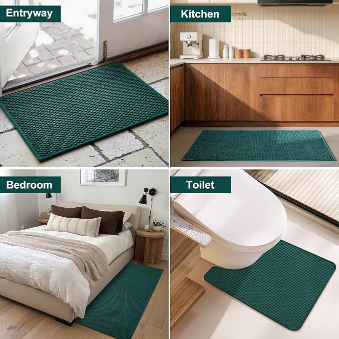 Triohero Bathroom Rugs Non Slip Washable, Super Absorbent Thin Bath Mat Small Quick Dry Low Pile Bathroom Rug, Dark Green 20"x30"