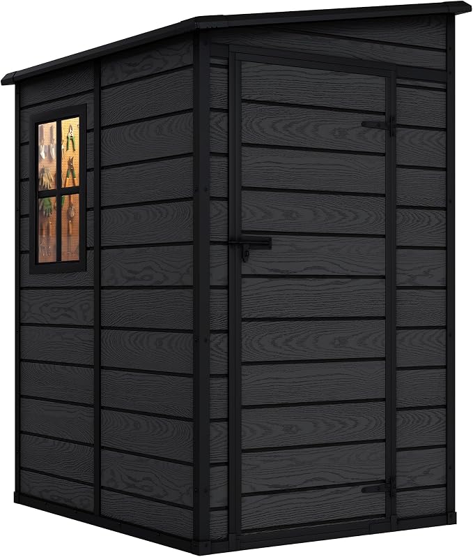DWVO 5x4 FT Resin Outdoor Storage Shed with Floor, Large Waterproof Lockable Storage Shed with Window, Plastic Tool Shed for Garden, Backyard, Patio, Lawn