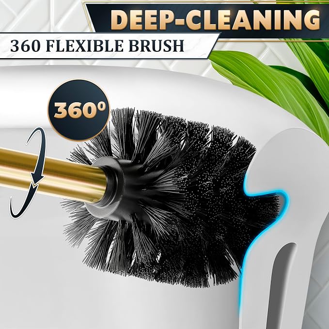 Gold Toilet Brush with Square Holder - Toilet Brush and Holder Set Gold, Stainless Steel Handle with Splash Shield, Replaceable Head and Removable Inner Cup - Freestanding Bathroom Toilet Cleaning Set