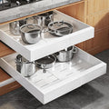 Seinloes 2Pack Expandable Pull Out Cabinet Organizer 21"Deep With Raising Pad for Framed Cabinets, Upgrade 3 Slide Rails Slide Out Drawers, Roll Out Shelves Adhesive,Adjustable Width 12.05"-20.4"White