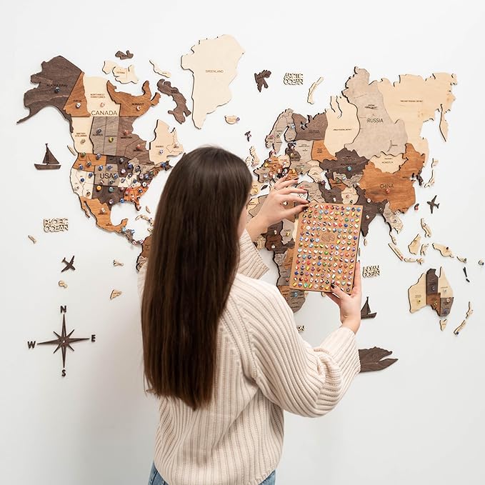 Enjoy The Wood 3D Wood World Map Wall Art Large Wood Wall Décor Housewarming Gift Idea Art World Travel Map For Home & Kitchen or Office (3XL, Multicolored)