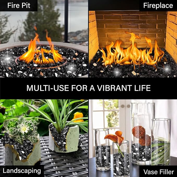 NUPICK 20 Pound Fire Glass, 1/2 Inch Reflective Fire Pit Glass | Tempered Fire Pit Rocks for Propane or Natural Gas, Glass Rocks for Fire Pit Table, Fireplace, Fire Bowl, Landscaping, Black
