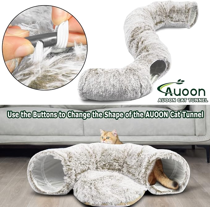 AUOON Plush Cat Tunnel Bed for Indoor Cats, 36" L x 36" W x 11.5" H, Khaki | 2 in-1 Interactive Cat Toy, with Hanging Ball Toy, Machine Washable Center Pad, for Kitten Puppy Rabbit Ferret