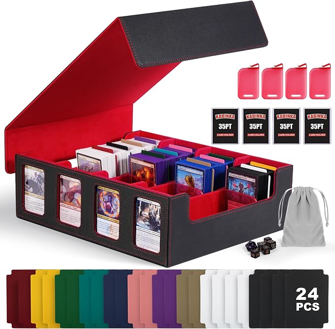 Kabinka Trading Card Storage Box with Commander Display, 4-Row Deck Case with Removable Lid; 2400+ Card Deck Box for MTG TCG Sports Card, 4 Top Loaders, 4 Stoppers, 24 Dividers,1 Dice Bag (Black Red)