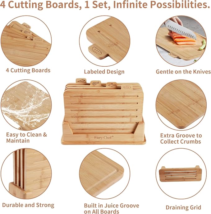 4 Piece Bamboo Cutting Boards with Food Icons & Stand, 14.56"L x 11"W | Thick & Durable, Deep Juice Groove, Non Toxic Real Wood, knife-friendly, Chopping Boards Set of 4 with Sturdy Holder