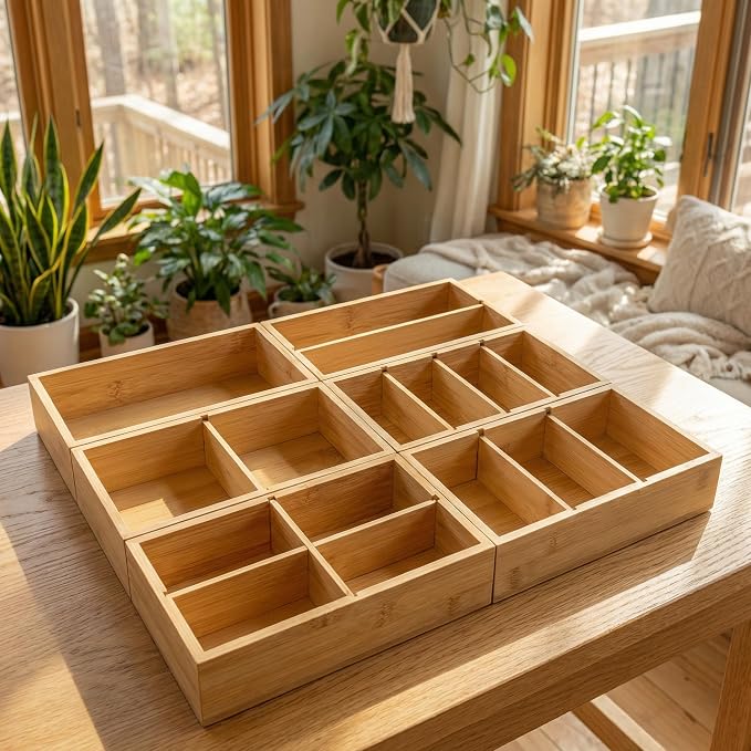 Bamboo Drawer Organizer with Removable Dividers, Fits Kitchens, Bathrooms, Desk, Utensil, Makeup (Natural, S)