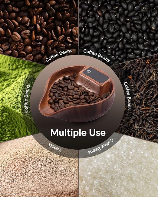 Walnut Coffee Bean Scale & Spoon - Easy Measuring/Dosing Scale Cup with LED Display for Kitchen Weighing, Espresso, Tea, Coffee Lover Gifts