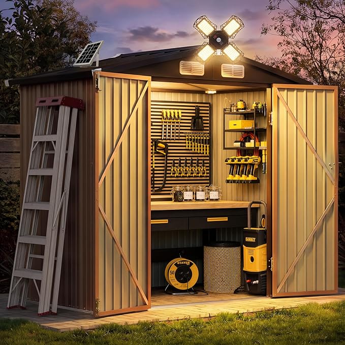 Aoxun 6'x4' Outdoor Storage Shed with Solar Motion Sensor Light, Browm | Metal Garden Tool Shed with Remote Control, 3 Lighting Moders and 4 Sensing Moders | Lockable Doors & Slooping Roof