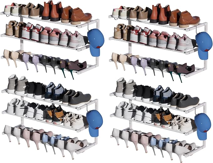 4 Pack Wall Mounted Shoe Rack, 3 Tier Hanging Shoe Rack Holds 48 Pairs, 17"-30"Adjustable Heavy Duty Metal Shoe Organizer Holder with 8 Storage Hooks, Space Saving for Closet Entryway Doorway（White)