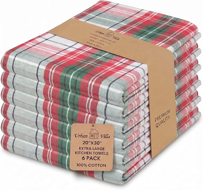 Urban Villa Christmas Kitchen Towels 100% Cotton Dish Towels for Kitchen (Set of 6) 20”x30” Dish Cloths Absorbent Kitchen Linen Set with Hanging Loop Perfect for Drying Dishes Cleaning – Christ Check
