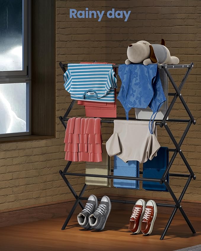 APEXCHASER Oversize Clothes Drying Rack, 3-Tier Drying Rack Clothing, Expandable Metal Laundry Drying Rack, Air Drying Rack, Clothes Rack, No install, 24lb Capacity, 14.9" D x 29.3" W x 39.3" H, Black