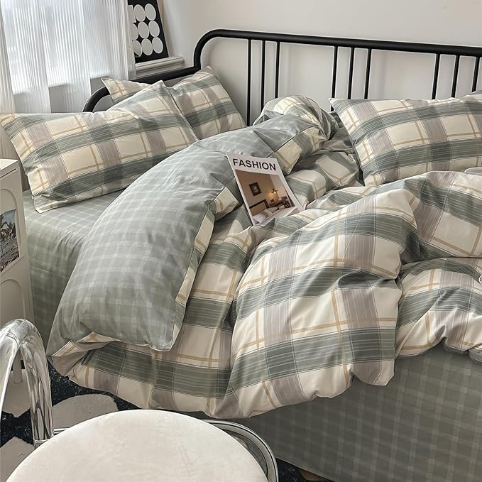 mixinni Green Grid Duvet Cover Set Twin - Vintage Buffalo Plaid Bedding Set-Green &Yellow&Beige, Soft Cotton Geometric Checkered Bedding Set with 2 Pillowcases for Boys, Girls, Teens