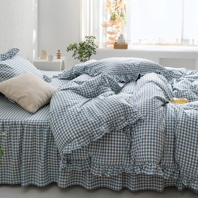 mixinni Blue White Gingham Ruffle Duvet Cover Twin Size 3 Pieces – 100% Washed Cotton, Vintage Plaid Ruffled Bedding Set with Zipper Ties, Soft Checkered Grid Farmhouse Chic Comforter Cover Set