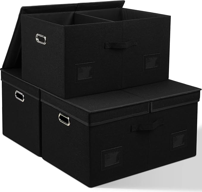 Graciadeco 75 Quarts Extra Large Decorative Storage Bins with Lids, 3 Packs Black Collapsible Storage Bins with Lids, Stackable Storage Bins Decorative Box Storage With Lid Extra Large