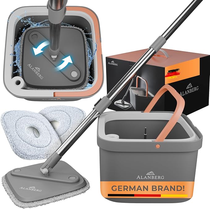 Spin Mop and Bucket Set with Wringer – Dual-Chamber Self Wringing Mop, Flat Microfiber Mop for Hardwood, Tile & Vinyl Floors, 2 Washable Replacement Heads, 63" Handle, Gray