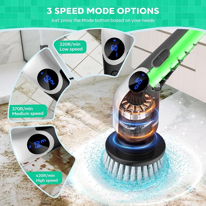 YKYI Electric Spin Scrubber, Cordless Cleaning Brush with 8 Replaceable Brush Heads, Power Scrubber with Adjustable Extension Handle for Bathroom, Tub, Tile, Floor and Kitchen Cleaning (Violet)