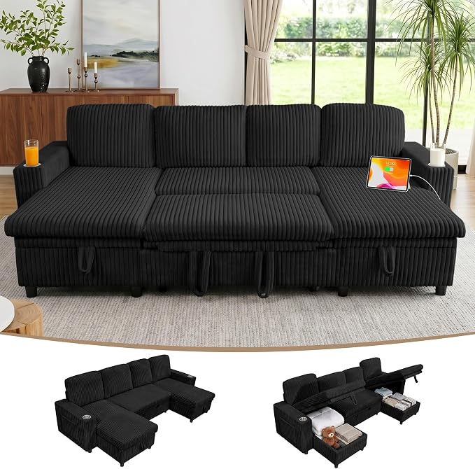 U-Shaped Couch with Pull-Out Bed. Sectional Sleeper Sofa, Black | Hidden Storage, USB & Type-C Port, Cup Holders, Cloud Corduroy, Modular Design for Living Room, Apartment, Easy Assembly