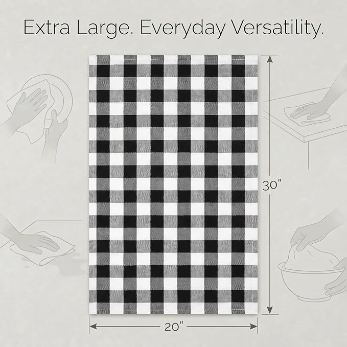 Urban Villa Kitchen Towels 100% Cotton Dish Towels for Kitchen (Set of 6) 20”x30” Dish Cloths Highly Absorbent Kitchen Linen Set with Hanging Loop Perfect for Drying Dishes Cleaning – Black White