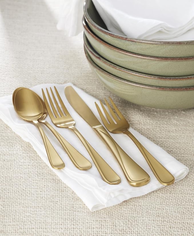 Oneida Gold Silverware Set, Flight Gold Satin 20 Piece Flatware Set, Service For 4, 18/0 Stainless Steel, Dishwasher Safe, Flatware Cutlery Sets, Utensils, Knives Spoons and Forks (Golden, 20 Pieces)