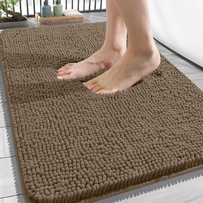 OLANLY Bathroom Rugs 34x21, Extra Soft Absorbent Chenille Bath Rugs, Rubber Backing Quick Dry, Machine Washable Bath Mats for Bathroom Floor, Tub and Shower, Home Decor Accessories, Tan