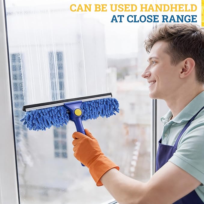 Kleen Handler 2-in-1 Window Squeegee with 4–12 ft Telescopic Extension Pole, Window Washing Kit for Home & Commercial Glass Doors, High Windows, 2 Sleeves Included
