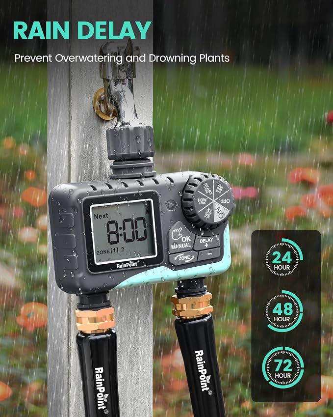 RAINPOINT Sprinkler Timer 2 Outlet, Water Timer for Garden Hose, Programmable Drip Irrigation for Yard Outdoor Watering, Rain Delay/Manual/Automatic System Controller 2.5" LCD, V2