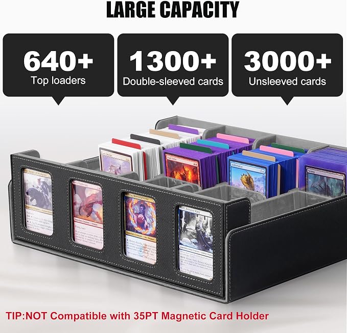 Kabinka Trading Card Storage Box with Commander Display, 4-Row Deck Case with Removable Lid; 2400+ Card Deck Box for MTG TCG Sports Card, 4 Top Loaders, 4 Stoppers, 24 Dividers,1 Dice Bag (Black)