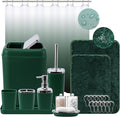 XLHOMO Dark Green Bathroom Accessories Set with Shower Curtain and No-Slip Bath Rugs,24PC Bath Sets with Trash Can, Toothbrush Holder, Cup, Soap Dispenser, Tray, Soap Dish, Toilet Brush, Qtip Holders