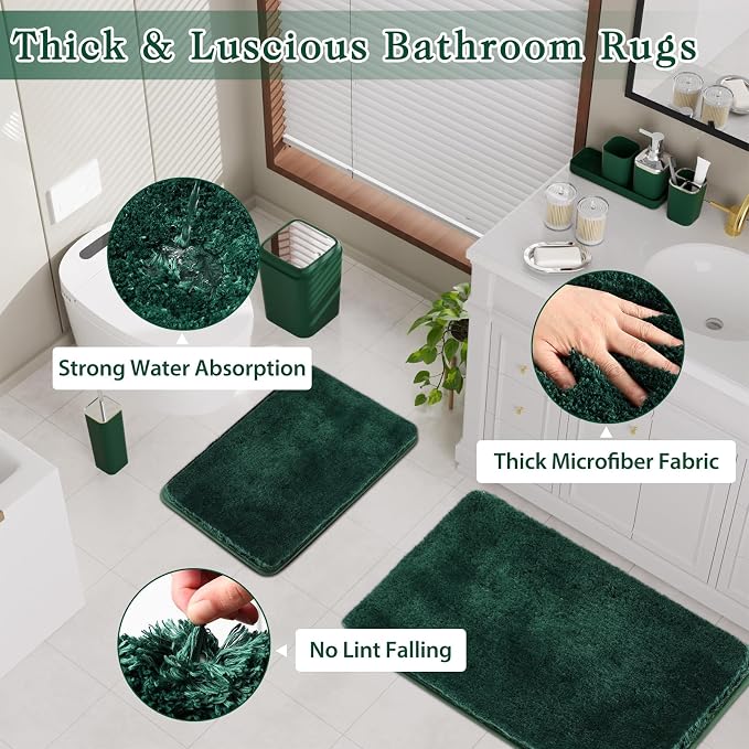 XLHOMO Dark Green Bathroom Accessories Set with Shower Curtain and No-Slip Bath Rugs,24PC Bath Sets with Trash Can, Toothbrush Holder, Cup, Soap Dispenser, Tray, Soap Dish, Toilet Brush, Qtip Holders