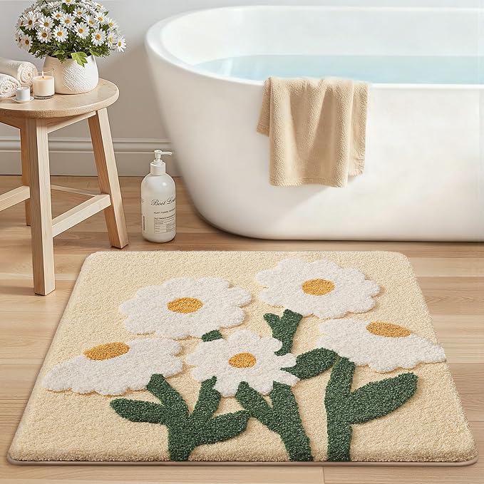 LUMI Bathroom Rugs Cute Daisy, Soft Absorbent Square Bath Mat Non-Slip, Machine Washable Quick Dry Beige Luxury Rug Flower for Kids Room, Bathtub, Home Decor, 32"x32"