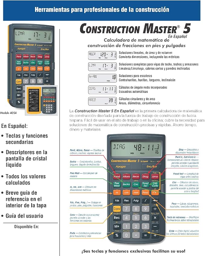 Calculated Industries 4054 Construction Master 5 Calculator | en Español, Feet-Inch-Fraction, For Carpenters, Construction Calculator with all Spanish labeling