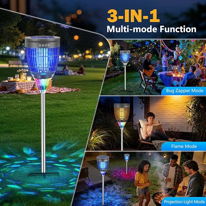All in 1 Solar Bug Zapper Outdoor, Flame & Projection Mode, Auto/Manual Modes, 4200V Electric Mosquito Killer with High Powered, IPX5 Waterproof Rechargeable Fly Insect Trap for Patio Garden Yard RV