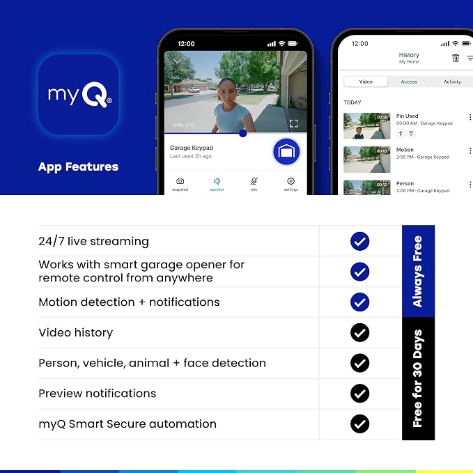 myQ Smart Garage Door Video Keypad + Rechargeable Battery, with Wide-Angle Camera, Customizable PIN Codes, and Smartphone Control, Works with Chamberlain, LiftMaster and Craftsman openers