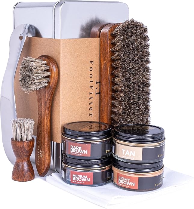 FootFitter Premium Leather Shoe Shine Kit, Complete Polish and Care Set | Restoration & Conditioning Kit with Premium Cleaning & Shoe Shine Tools in Metal Storage Tin for Footwear Care Precision