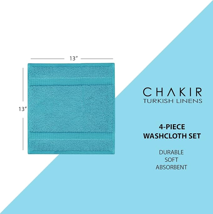 Chakir Turkish Linens 4 Piece Washcloth Set, 100% Cotton Luxury Turkish Washcloths for Bathroom, Soft Absorbent Washcloths, 13 x 13 Inches, Aqua