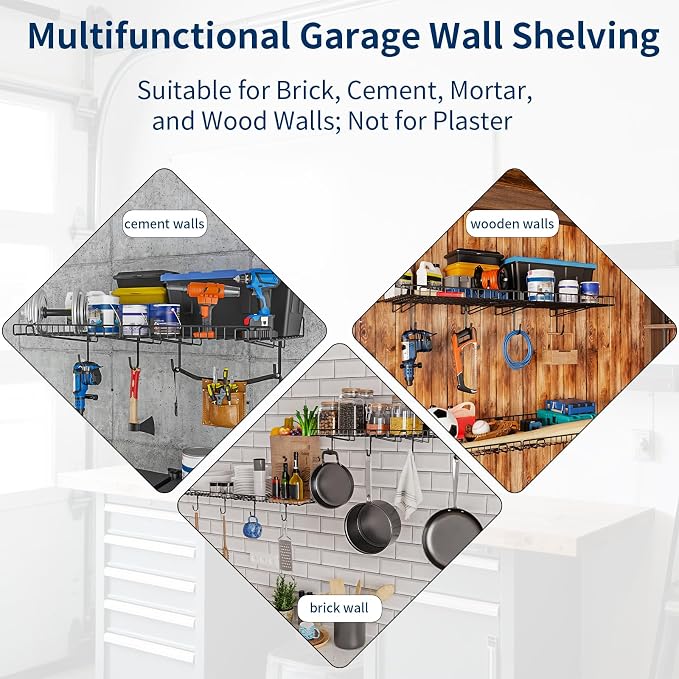 4 Pack Garage Wall Shelf, Wall Mounted Storage Shelves, Heavy Duty Metal Shelves for Room Wall, Loads 160 LBS Floating Shelves Mesh Storage Rack for Garage, Office, Basement,Wall Cabinet and Kitchen