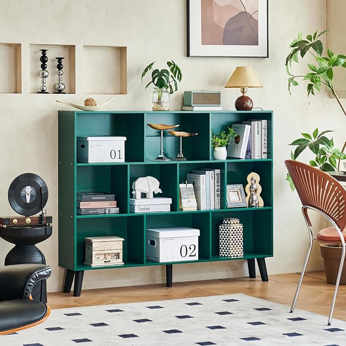 LEYAOYAO 10 Cube Bookshelf,Mid-Century Modern Bookcase with Legs,Dark Green | 3 Tier Book Shelf, 55" Wide Rustic Wood Bookshelves Large Storage Organizer, Open Shelves for Bedroom, Living Room, Office