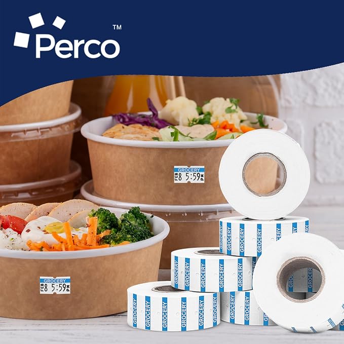 Perco 1 Line Blue Reverse Print on White Grocery Labels—80,000 Labels for Perco Lite, X, Plus & Pro Guns—with Tamper-Proof Design for Supermarkets, Corner Stores and More—80 Rolls, 10 Sleeves—USA Made