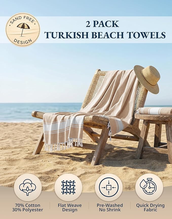 LANE LINEN Oversized Beach Towels, Super Absorbent, Travel Towel - Beige | 2 Pack Turkish Towel Set for Adults - Lightweight, Quick Dry - Absorbent & Sand Free - Vacation Essential, Machine Washable
