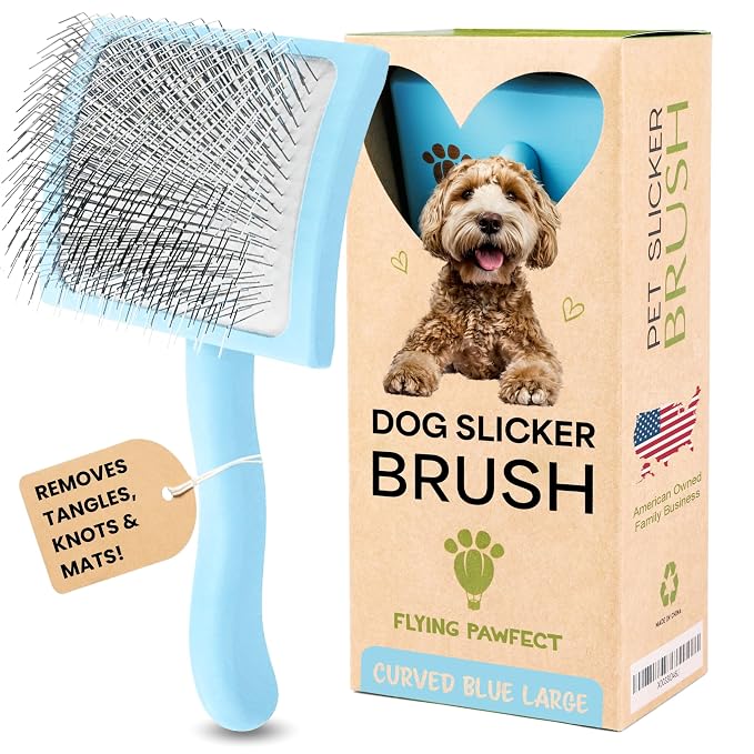 Pet Slicker Brush With Soft Massage Grooming Stainless Steel Pins - For Dematting, Shedding Fur, and Undercoat - Ideal Gift for Professional Pet Groomers - Long Slicker Brush (Blue, Curved Large)
