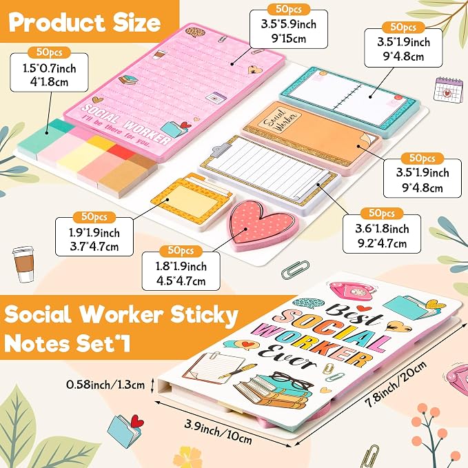 Xqumoi Social Worker Sticky Notes Set - 550 Sheets Best Social Worker Ever Self-Stick Note Pads I'll Be There for You Divider Tabs Bundle Memo Pad, Thank You Appreciation Gifts for Women Men