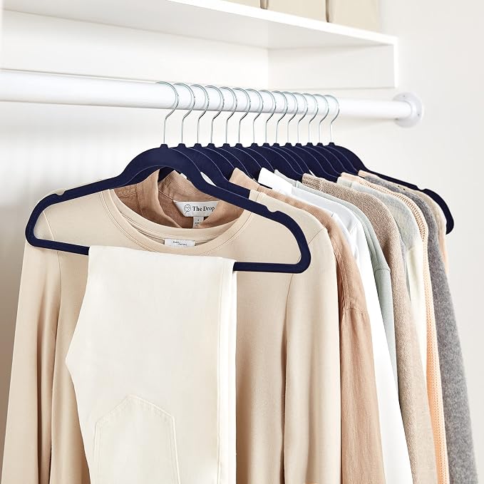 Amazon Basics Slim Velvet Non-Slip Space Saving Suit Clothes Hangers for Closet Organization, Navy Blue/Silver, 50-Pack