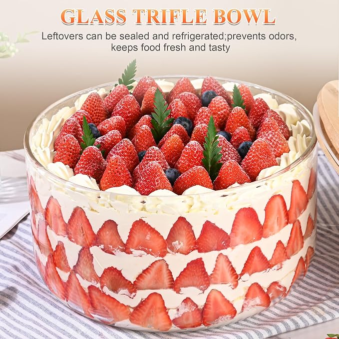 LOVYANXUE 9 inch Large Salad and Trifle Bowl Glass with Lid, 155 oz Versatile Mixing and Serving Dish for Fruit, Laying Ice Cream, Cake, Cupcake, Baking, and Dessert, Microwave Safe