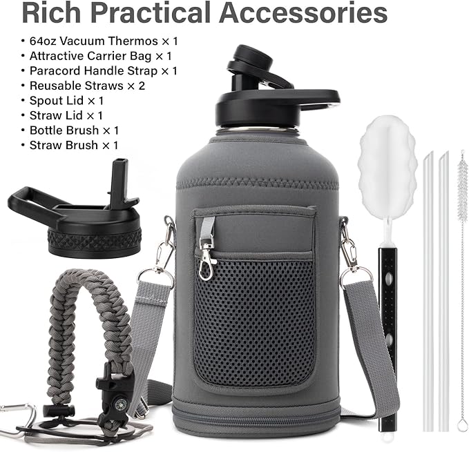 DYSANKY 64 oz Insulated Water Bottle | Upgraded Thickened Stainless Steel Water Jug for Gym and Hiking with Straw, Carrier Bag, Handle Strap | BPA-Free 64 oz