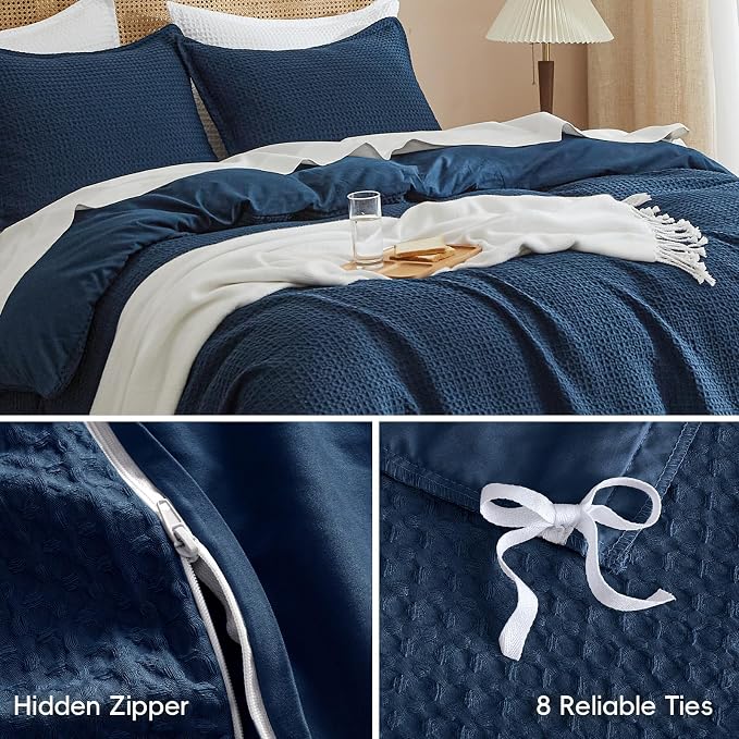 PHF Waffle Weave Duvet Cover Set King Size, No Snagging Ultra Soft Luxury Textured Breathable Comforter Cover for All Season 3pcs, Durable Bedding Duvet Set with 2 Pillow Shams, 104"x90", Navy Blue